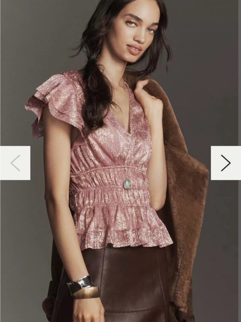 Anthropologie Smocked Metallic Pink 
Short-Sleeve Top